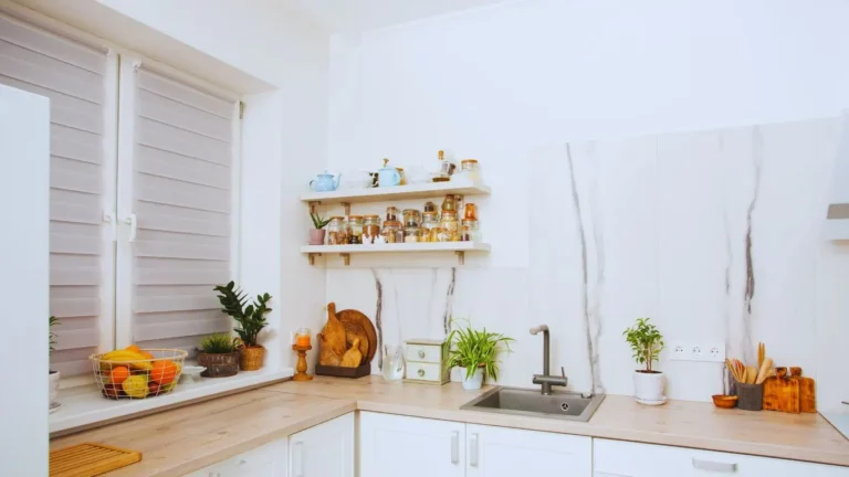 Kitchen with white open shelves